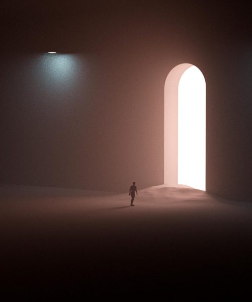 A surreal scene with a silhouetted man approaching a bright arched doorway in a dark room.